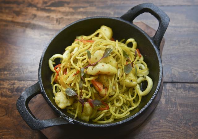 The seafood fideau, with prawns and rawas tossed with lightly flavoured noodles, was a bit of a let-down. (Aalok Soni/ HT Photo) The seafood fideau, with prawns and rawas tossed with lightly flavoured noodles, was a bit of a let-down. (Aalok Soni/ HT Photo)