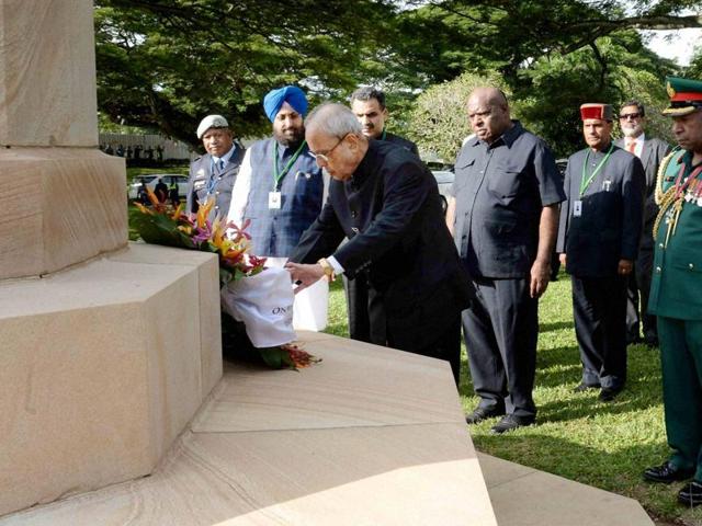 President Pranab Mukherjee laying a wreath at Bomana War Cemetery at Port Moresby in Papua New Guinea on Thursday. (PTI) President Pranab Mukherjee laying a wreath at Bomana War Cemetery at Port Moresby in Papua New Guinea on Thursday. (PTI)