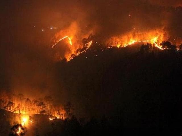An undated photograph of a fire in a forest in Bageswar district. (Photo by Arup Sah) An undated photograph of a fire in a forest in Bageswar district. (Photo by Arup Sah)