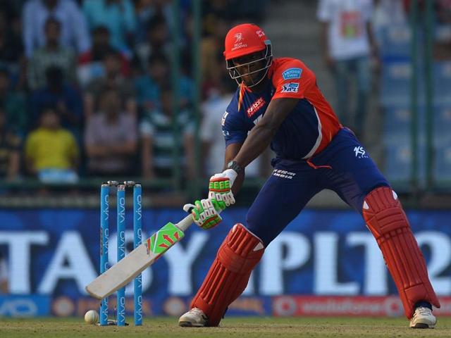 Delhi Daredevils batsman Carlos Brathwaite plays a shot. Brathwaite’s 34 off 11 helped Delhi to 186/8. (AFP)