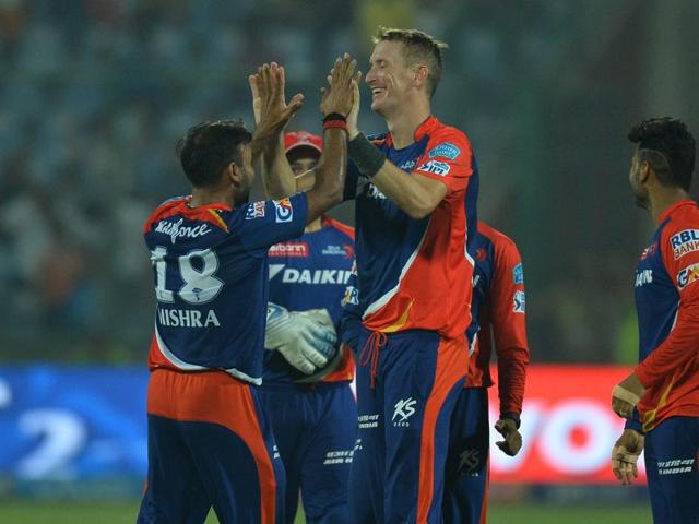 Delhi Daredevils bowler Chris Morris (C) celebrates with teammates after dismissing Kolkata Knight Riders batsman Jason Holder during the IPL match at the Feroz Shah Kotla Stadium in New Delhi on April 30, 2016. (AFP) Delhi Daredevils bowler Chris Morris (C) celebrates with teammates after dismissing Kolkata Knight Riders batsman Jason Holder during the IPL match at the Feroz Shah Kotla Stadium in New Delhi on April 30, 2016. (AFP)