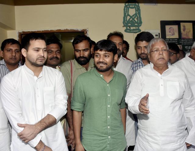 Jawaharlal Nehru University Students' Union (JNUSU) president Kanhaiya Kumar meet with RJD chief Lalu Prasad and Bihar deputy chief minister Tejashwi Yadav in Patna on Saturday. (PTI) Jawaharlal Nehru University Students' Union (JNUSU) president Kanhaiya Kumar meet with RJD chief Lalu Prasad and Bihar deputy chief minister Tejashwi Yadav in Patna on Saturday. (PTI)