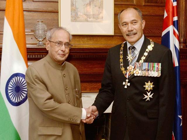 President Pranab Mukherjee shakes hands with Sir Jerry Mateparae, the Governor General of New Zealand at a meeting at in Auckland on Saturday. (PTI) President Pranab Mukherjee shakes hands with Sir Jerry Mateparae, the Governor General of New Zealand at a meeting at in Auckland on Saturday. (PTI)