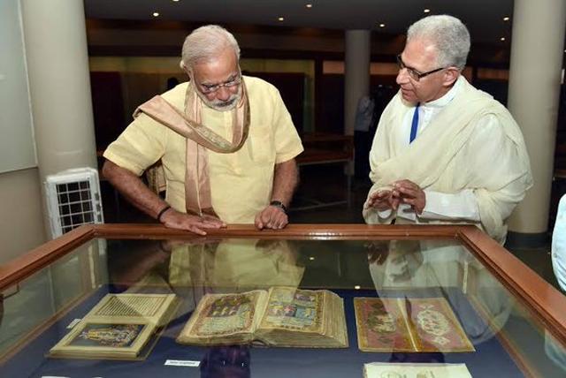 He inspected ancient books and cultural artefacts at the centre. (Photo: PIB/Twitter) He inspected ancient books and cultural artefacts at the centre. (Photo: PIB/Twitter)