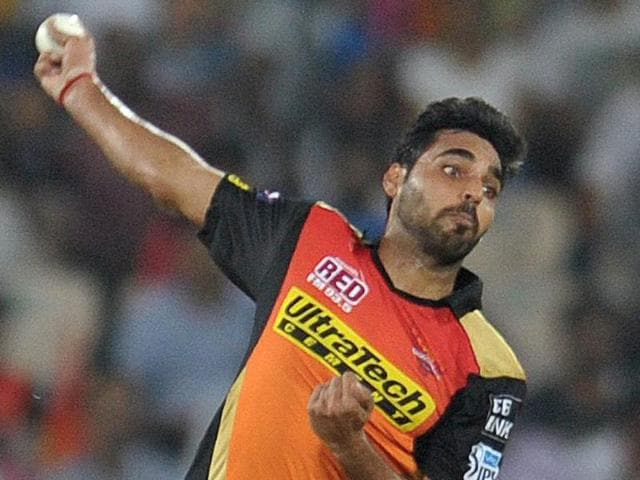 Sunrisers Hyderabad Bhuvneshwar Kumar celebrates the wicket of Gujarat Lions batsman Aaron Finch. (AFP Photo) Sunrisers Hyderabad Bhuvneshwar Kumar celebrates the wicket of Gujarat Lions batsman Aaron Finch. (AFP Photo)