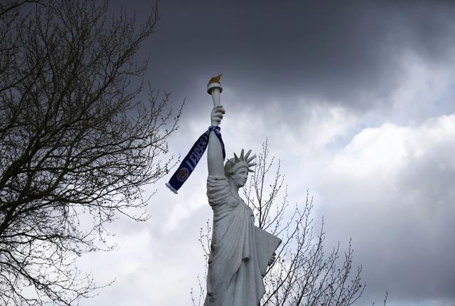 A Leicester City scarf hangs from the Liberty Statue in Leicester, Britain. (Reuters Photo)