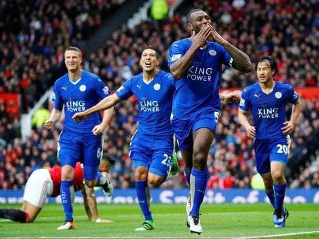 Leicester City's Wes Morgan celebrates scoring their first goal. (AFP Photo) Leicester City's Wes Morgan celebrates scoring their first goal. (AFP Photo)