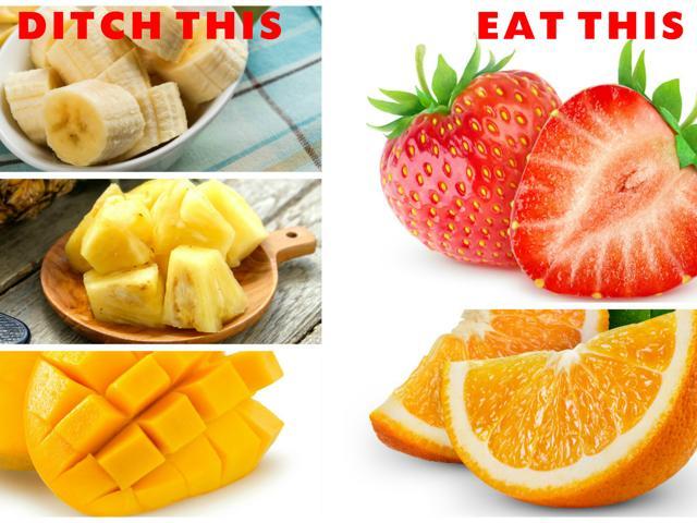 Swap bananas, dates, pineapple and mango for red berries (raspberries, strawberries, blackberries, blueberries), apples, pears, oranges, grapefruit, peaches and nectarines. (Shutterstock)