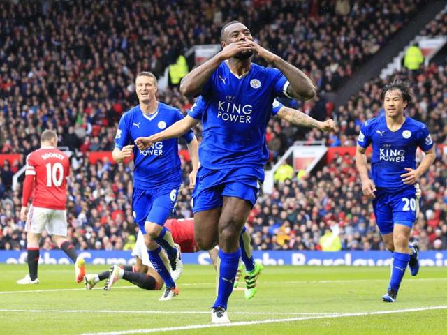 Leicester's Wes Morgan, centre, celebrates after scoring during the English Premier League match against Manchester United. (AP) Leicester's Wes Morgan, centre, celebrates after scoring during the English Premier League match against Manchester United. (AP)