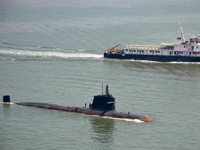 Photo of India's Scorpene -class submarine Kalivari carrying out its maiden sea trials off the coast of Mumbai on Sunday. (AFP) Photo of India's Scorpene -class submarine Kalivari carrying out its maiden sea trials off the coast of Mumbai on Sunday. (AFP)