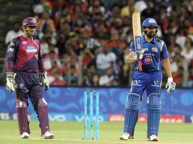 Mumbai Indians captain Rohit Sharma raises his bat after scoring a fifty during the IPL T20 match between the Rising Pune Supergiants and the Mumbai Indians at the MCA stadium in Pune. (PTI) Mumbai Indians captain Rohit Sharma raises his bat after scoring a fifty during the IPL T20 match between the Rising Pune Supergiants and the Mumbai Indians at the MCA stadium in Pune. (PTI)