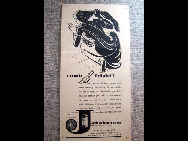 Ray did this sketch for Jabakusum -- a cure for hair fall. It shows a woman scared of combs. The sketch is so arresting that you almost ignore the text on the ad. (Sweta Kaushal/Hindustan Times)