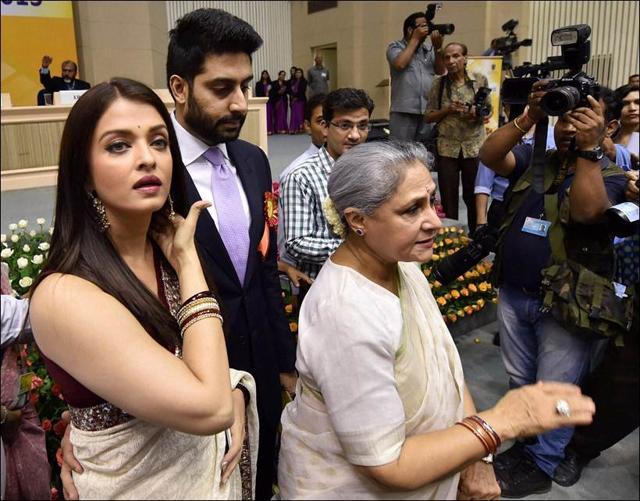 Bollywood actors Jaya Bachchan, Abhishek Bachchan and Aishwarya Rai Bachchan at the 63rd National Film Awards. (PTI) Bollywood actors Jaya Bachchan, Abhishek Bachchan and Aishwarya Rai Bachchan at the 63rd National Film Awards. (PTI)