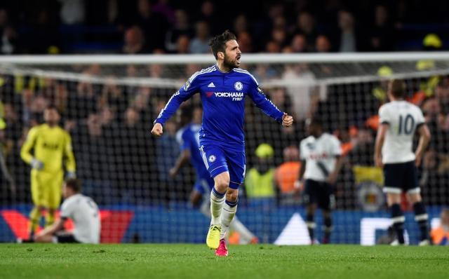 Chelsea's Cesc Fabregas celebrates their first goal scored by Gary Cahill against Tottenham Hotspur. Chelsea's Cesc Fabregas celebrates their first goal scored by Gary Cahill against Tottenham Hotspur.