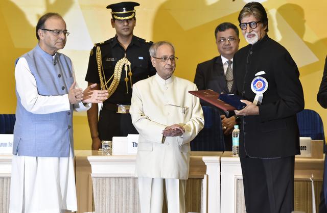 President of India Pranab Mukherjee presenting to Actor Amitabh Bachchan for the Best Actor award during the 63rd National Film Awards Function at Vigyan Bhawan in New Delhi. (Raj K Raj/ HT Photo) President of India Pranab Mukherjee presenting to Actor Amitabh Bachchan for the Best Actor award during the 63rd National Film Awards Function at Vigyan Bhawan in New Delhi. (Raj K Raj/ HT Photo)