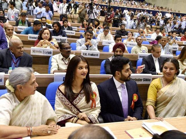 Jaya Bachchan, Aishwarya Rai Bachchan, Abhishek Bachchan and Shabana Azmi at the 63rd National Film Awards 2015 function in New Delhi on Tuesday.  (PTI) 