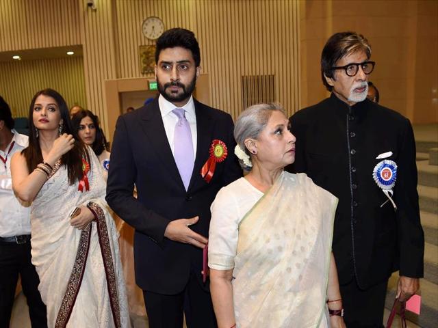 Winner of Best Actor award Amitabh Bachchan arrives with the family members Jaya Bachchan, Aishwarya Rai Bachchan and Abhishek Bachchan at the 63rd National Film Awards 2015 function in New Delhi on Tuesday. (PTI) 