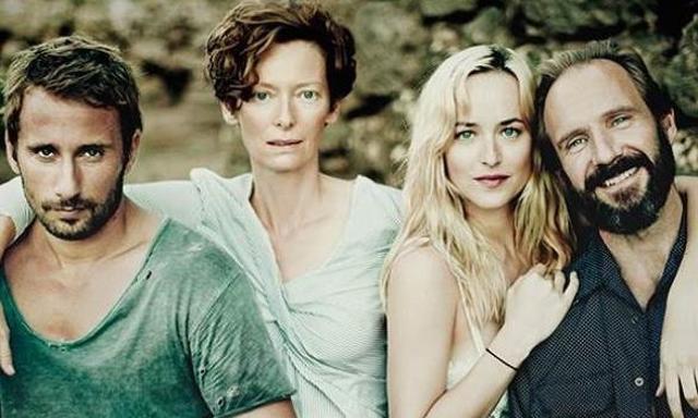 Matthew Schoenaerts, Tilda Swinton, Dakota Johnson and Ralph Fiennes in A Bigger Splash. Matthew Schoenaerts, Tilda Swinton, Dakota Johnson and Ralph Fiennes in A Bigger Splash.