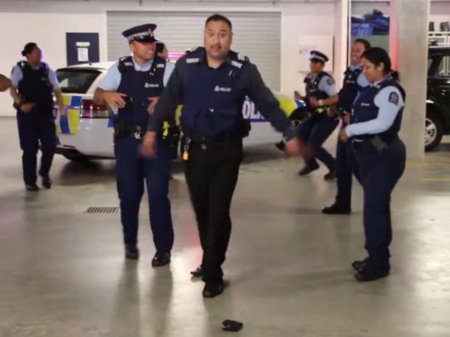 The 37-second video of North Island police performing the dance in an Auckland carpark was posted Tuesday on the force’s Facebook page (Facebook.com/NZ Police Recruitment) The 37-second video of North Island police performing the dance in an Auckland carpark was posted Tuesday on the force’s Facebook page (Facebook.com/NZ Police Recruitment)