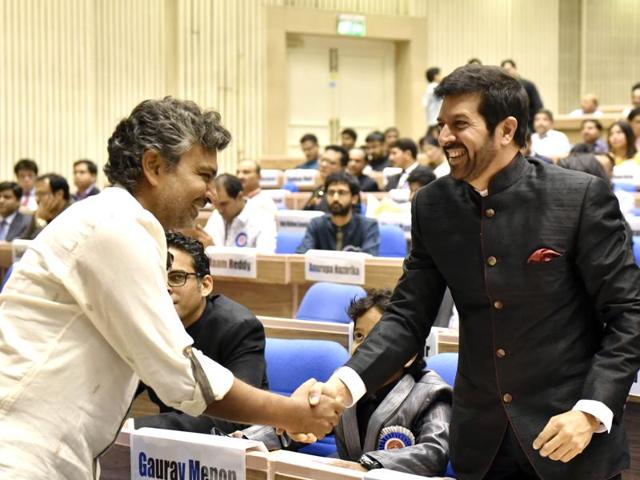 SS Rajamouli and Kabir Khan seen during the National Film Awards presentation ceremony at Vigyan Bhawan in New Delhi. (Ajay Aggarwal/HT Photo) 