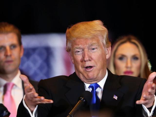 Republican presidential front runner Donald Trump speaks to supporters and the media at Trump Tower in Manhattan following his victory in the Indiana primary.(AFP)