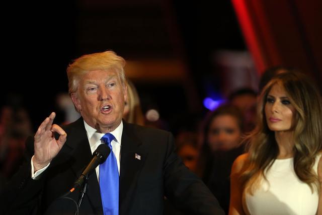 Republican presidential front-runner Donald Trump speaks to supporters and the media at Trump Tower in Manhattan following his victory in the Indiana primary. (AFP) Republican presidential front-runner Donald Trump speaks to supporters and the media at Trump Tower in Manhattan following his victory in the Indiana primary. (AFP)