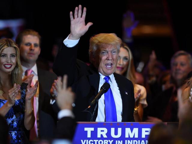 US Republican presidential candidate Donald Trump speaks in New York on Tuesday, following his victory in the primary in Indiana. (AFP) US Republican presidential candidate Donald Trump speaks in New York on Tuesday, following his victory in the primary in Indiana. (AFP)