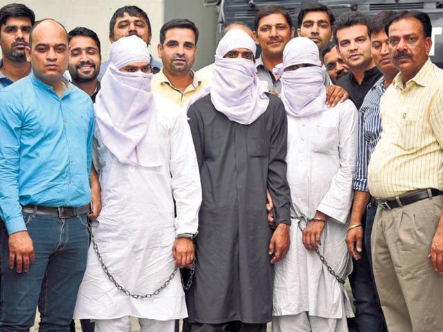 Three suspected Jaish militants, arrested from the Capital and UP in late-night raids, in New Delhi on Wednesday.(Ravi Choudhary/ HT) Three suspected Jaish militants, arrested from the Capital and UP in late-night raids, in New Delhi on Wednesday.(Ravi Choudhary/ HT)