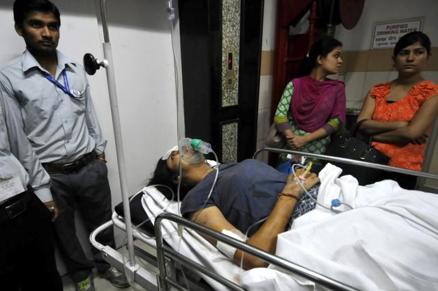 One person was critically injured in the accident. She was admitted to Kailash Hospital where she has been put in intensive care. (Sunil Ghosh/HT Photo) One person was critically injured in the accident. She was admitted to Kailash Hospital where she has been put in intensive care. (Sunil Ghosh/HT Photo)