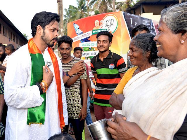 With his party’s trademark saffron shawl draped on his shoulders, Sreesanth interacts with the public in Karimadom colony in Kerala. (Sreekesh Raveendran Nair) With his party’s trademark saffron shawl draped on his shoulders, Sreesanth interacts with the public in Karimadom colony in Kerala. (Sreekesh Raveendran Nair)