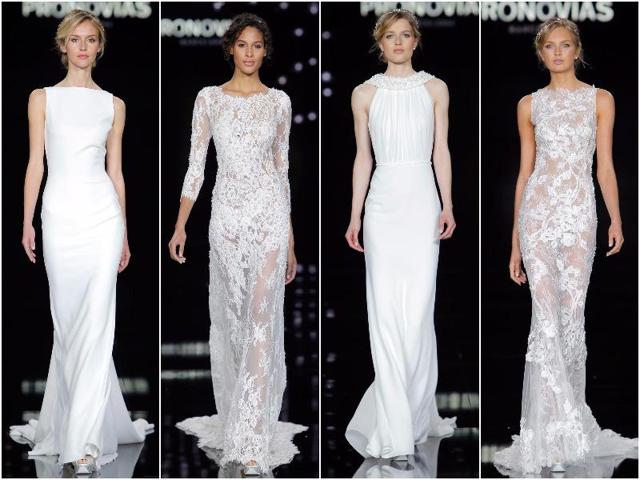 The 30-year-old model presented several gowns on the catwalk, including one split-personality number with a classically angelic front and a somewhat less saintly sheer back with embroidered details. (Pronovias) The 30-year-old model presented several gowns on the catwalk, including one split-personality number with a classically angelic front and a somewhat less saintly sheer back with embroidered details. (Pronovias)