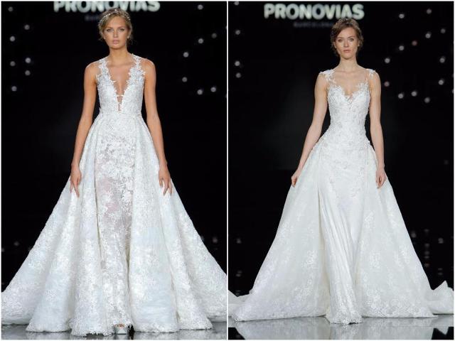 The collection includes wedding gowns of the utmost demure elegance, as well as more original designs with entirely embroidered dresses that play on sheer effects and sometimes layering. (Pronovias) The collection includes wedding gowns of the utmost demure elegance, as well as more original designs with entirely embroidered dresses that play on sheer effects and sometimes layering. (Pronovias)