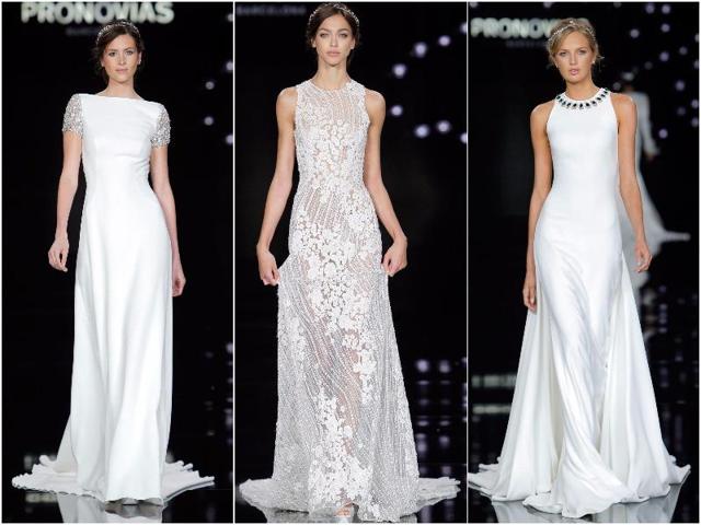 Certain designs had a racy edge too, with slits rising up the front of skirts, or sheer dresses with strategically placed embroidery. (Pronovias) Certain designs had a racy edge too, with slits rising up the front of skirts, or sheer dresses with strategically placed embroidery. (Pronovias)