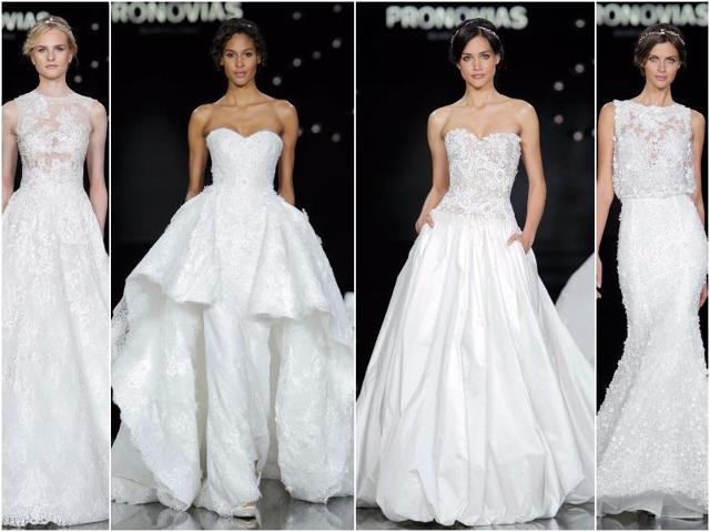 Pronovias stuck to pure, immaculate white for this 2017 couture collection, embellishing gowns with delicate embroidery, silk thread and precious gemstones. (Pronovias) Pronovias stuck to pure, immaculate white for this 2017 couture collection, embellishing gowns with delicate embroidery, silk thread and precious gemstones. (Pronovias)