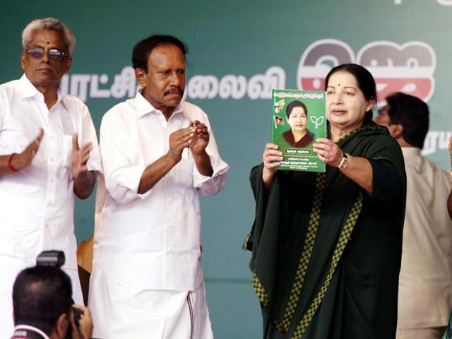 Tamil Nadu chief minister and AIADMK supremo J Jayalalithaa releases the party's election manifesto in Perundurai on Thursday. (PTI) Tamil Nadu chief minister and AIADMK supremo J Jayalalithaa releases the party's election manifesto in Perundurai on Thursday. (PTI)