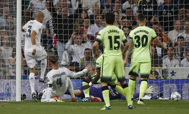 Real Madrid's Sergio Ramos scores a goal which is later disallowed. (Reuters Photo)