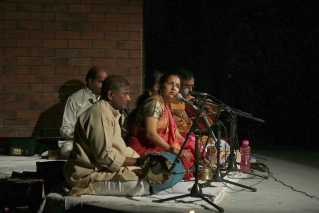 Guru Kaushalya Reddy guiding the students on stage. (Raajessh Kashyap/HT)