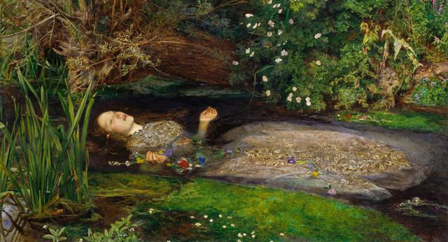 Ophelia drowning in the river in the iconic painting by Sir John Everett Millais (between 1851 and 1852).