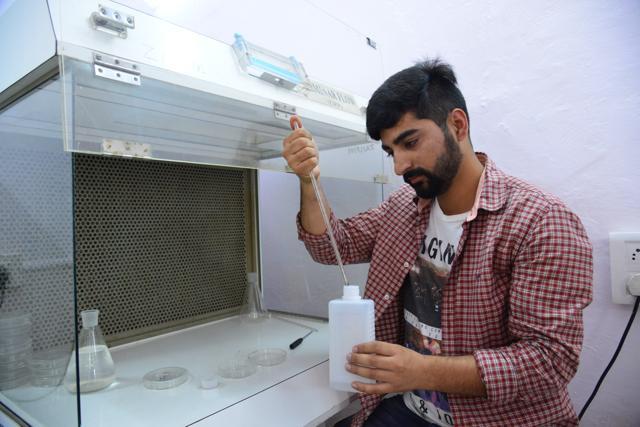Asif Ahmad, a Kashmiri student, working in the zoology lab at Barkatullah University Bhopal (Mujeeb Faruqui / HT Photo)