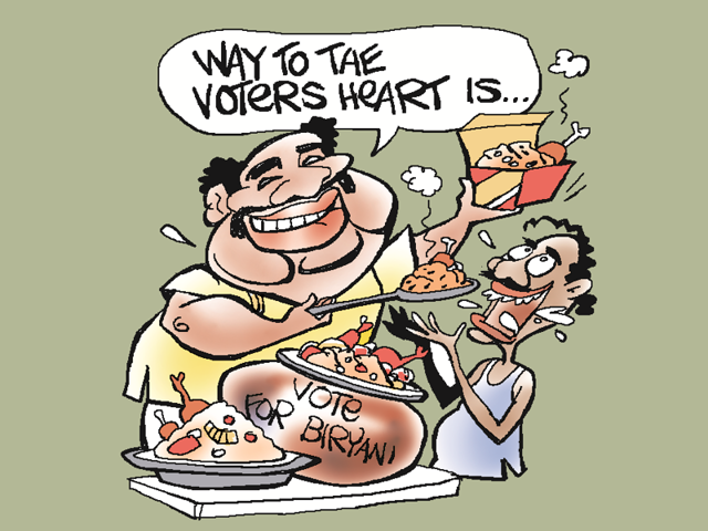 With the poll season in full swing in the southern state, biryani, mostly of chicken and mutton, has become a common sight in a majority of local political meets and election rallies(HT Illustration/Jayanto)