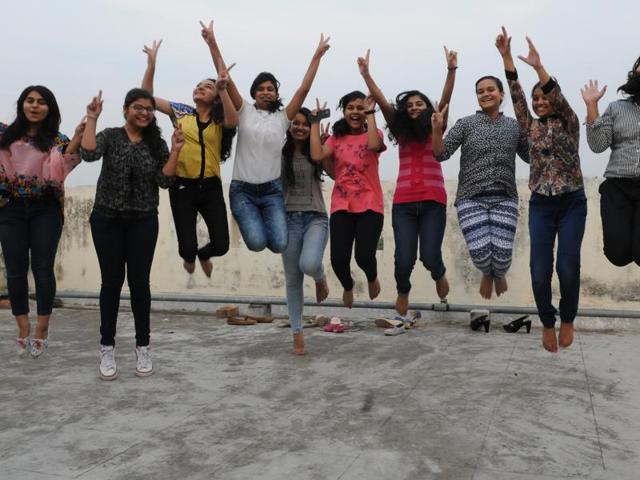 Students celebrating after the ICSE results were declared on Friday.(A P Dube / Hindustan Times)