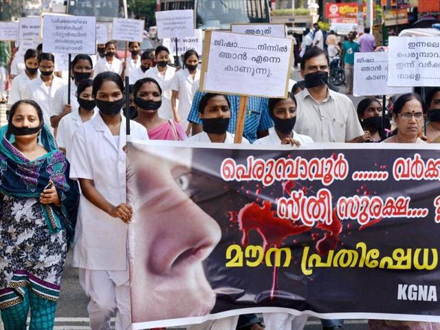 Nurses march in front of the Secretariat in Thiruvananthapuram to protest the incidents of rape in the state. (PTI Photo) Nurses march in front of the Secretariat in Thiruvananthapuram to protest the incidents of rape in the state. (PTI Photo)