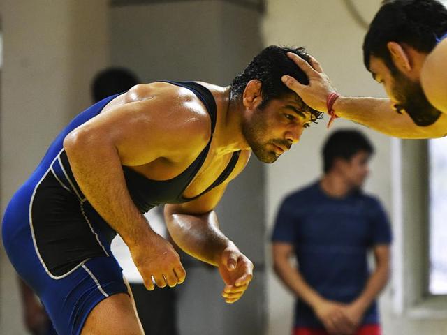 Wrestler Sushil Kumar during the Practice session at Chhattarshal Stadium in New Delhi.(Raj K Raj /HT Photo) Wrestler Sushil Kumar during the Practice session at Chhattarshal Stadium in New Delhi.(Raj K Raj /HT Photo)