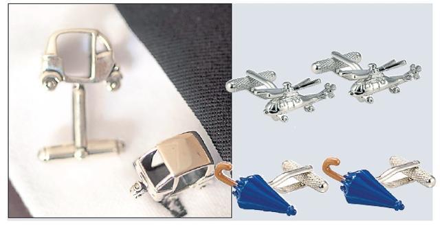 Tiny autorickshaws, helicopters and blue umbrellas -- staid old shirts can say volumes with these for cufflinks. (Fourseven and Amazon)