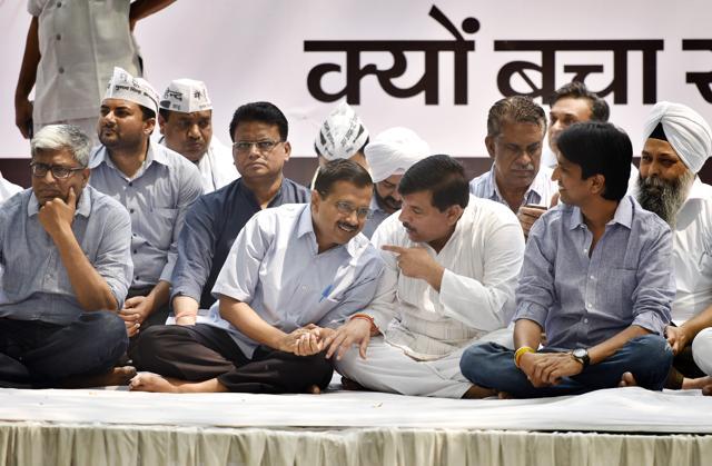 Delhi chief minister Arvind Kejriwal with Aam Admi Party leaders Ashutosh (L), Sanjay Singh (third from left) and Kumar Vishwas (R) during a protest rally against Modi government at Jantar Mantar in New Delhi on May 7. (Ravi Choudhary/ Hindustan Times) Delhi chief minister Arvind Kejriwal with Aam Admi Party leaders Ashutosh (L), Sanjay Singh (third from left) and Kumar Vishwas (R) during a protest rally against Modi government at Jantar Mantar in New Delhi on May 7. (Ravi Choudhary/ Hindustan Times)