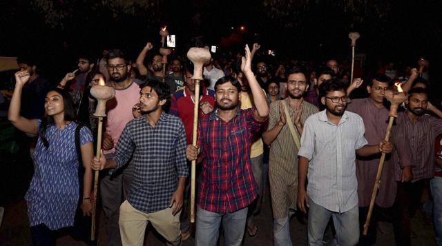 In this file photo, JNU‘s Kanhaiya Kumar (centre), along with others, takes part in a march. (PTI) In this file photo, JNU‘s Kanhaiya Kumar (centre), along with others, takes part in a march. (PTI)