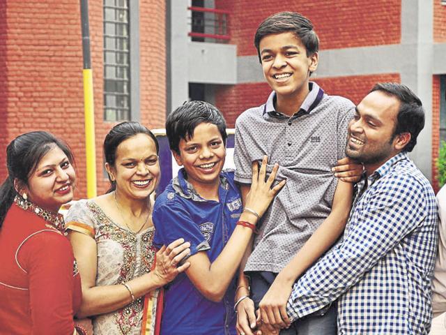 Shivam Goel celebrating outside Little flower Convent School, Panchkula, on Friday. (Sant Arora/HT Photo) Shivam Goel celebrating outside Little flower Convent School, Panchkula, on Friday. (Sant Arora/HT Photo)