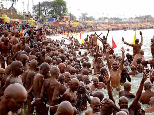 Sadhus take a holy dip at the banks of holy river Kshipra during the month-long Simhastha Maha Kumbh Mela in Ujjain, Madhya Pradesh. (PTI) Sadhus take a holy dip at the banks of holy river Kshipra during the month-long Simhastha Maha Kumbh Mela in Ujjain, Madhya Pradesh. (PTI)