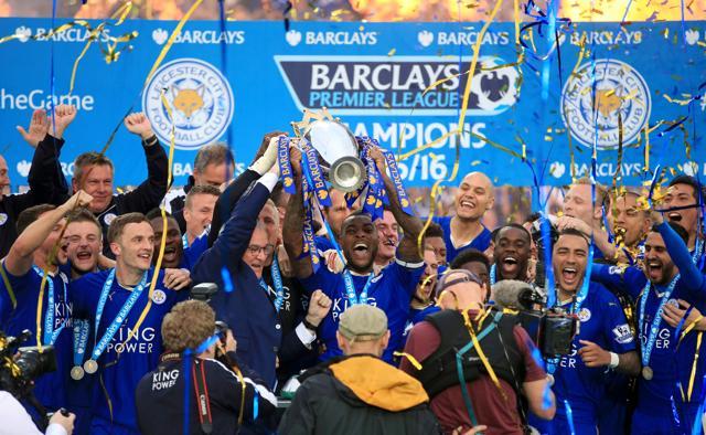 The Premier League trophy was decorated in blue and yellow, the colours of Leicester and the royal house of Thailand, respectively. (AP) The Premier League trophy was decorated in blue and yellow, the colours of Leicester and the royal house of Thailand, respectively. (AP)
