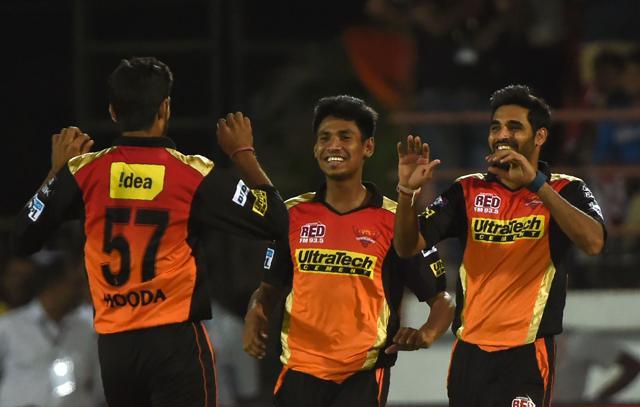 Sunrisers Hyderabad's Deepak Hooda, Mustafizur Rahman (C) and Bhuvneshwar Kumar celebrate after a wicket. (AFP file photo) Sunrisers Hyderabad's Deepak Hooda, Mustafizur Rahman (C) and Bhuvneshwar Kumar celebrate after a wicket. (AFP file photo)